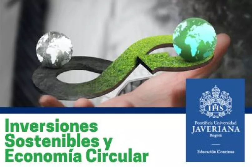 Mano que sostiene el planeta tierra sobre símbolo del infinito, texto del curso, logo Pontificia Universidad Javeriana.