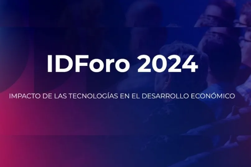 Logo y título del evento IDForo 2024 sobre un fondo abstracto de colores.