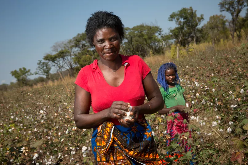 A woman smiles in a cotton field 