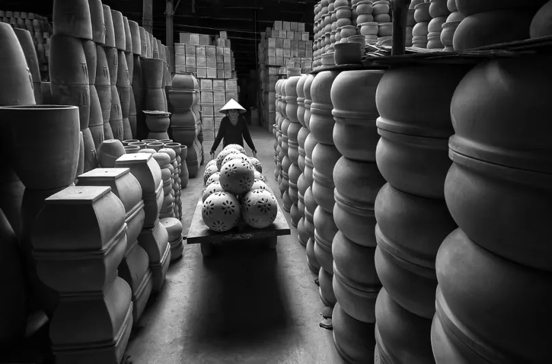 An aisle of a pottery factory in Vietnam.