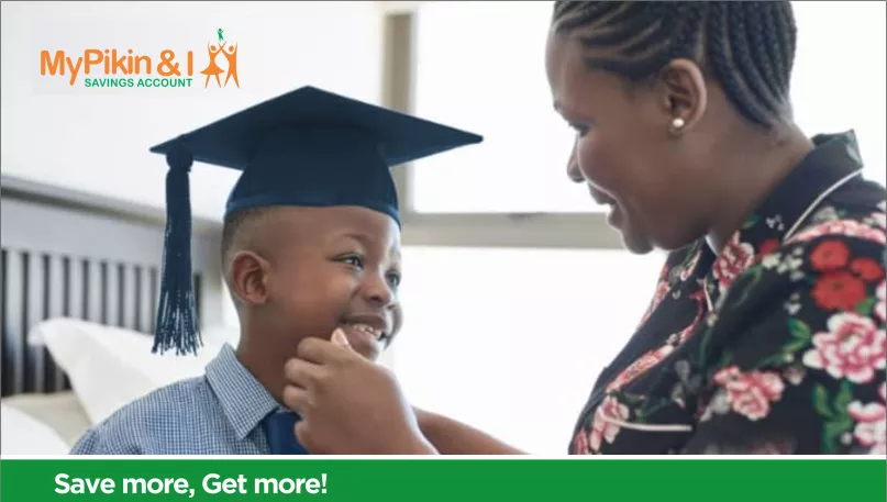 Flyer for My Pikin & I account, showing a mother with son in graduation cap.