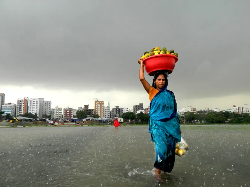 Woman holding a basket of mangos over her head, walking in the rain with a city behind her.