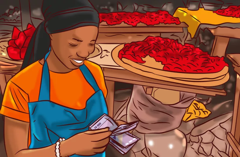 Illustration représentant une commerçante sur un marché en Afrique.
