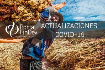 Hombre con un cesto de quinoa al hombro en un campo en Bolivia, texto, logo del Portal FinDev.