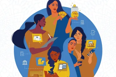 Artistic rendering of 5 women holding money, phones, calculating.