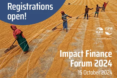 Event banner for Impact Finance Forum 2024 with image and text.