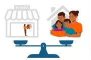 Graphic displaying a scale with a woman in her store on one side and a family reading on the other.