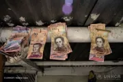 Venezuelan Bolivar banknotes displayed in a shop, Pamplona, Colombia.