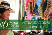 Mujer en su puesto de artesanías textiles en Bolivia, texto, logo del FinDev.