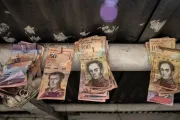 Venezuelan Bolivar banknotes displayed in a shop, Pamplona, Colombia.