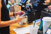 امرأة تقوم بمسح رمز الإستجابة السريعة للدفع عبر الهاتف المحمول أمام أمين صندوق في مقهى.